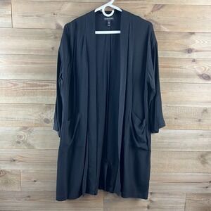 Eileen Fisher Womens Cardigan Open Front Pockets Black Minimalist 100% Silk PL